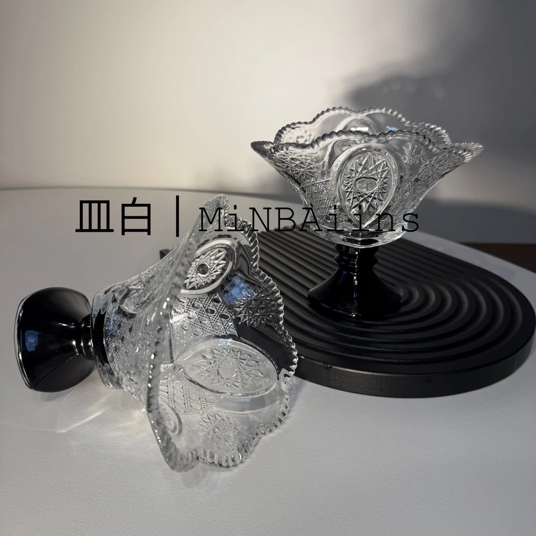 【两只装】黑色水晶玻璃大号沙拉甜品冰淇淋家用客厅杯子雕花高档