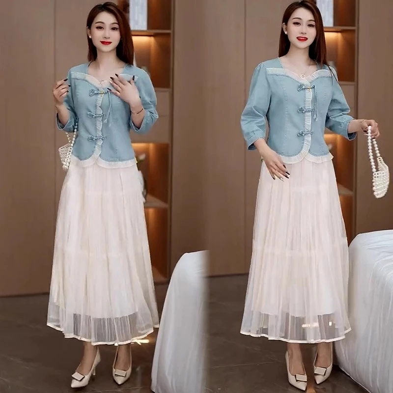 时尚连衣裙女2025春季新款洋气七分袖牛仔盘扣衬衫半身裙两件套潮