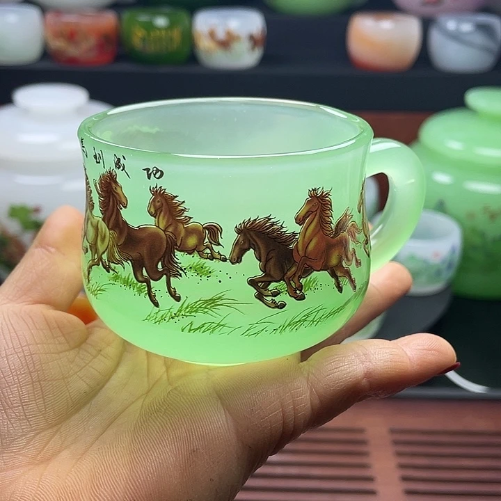 琉璃手工艺品玉瓷琉璃茶杯咖啡杯马到成功带手柄