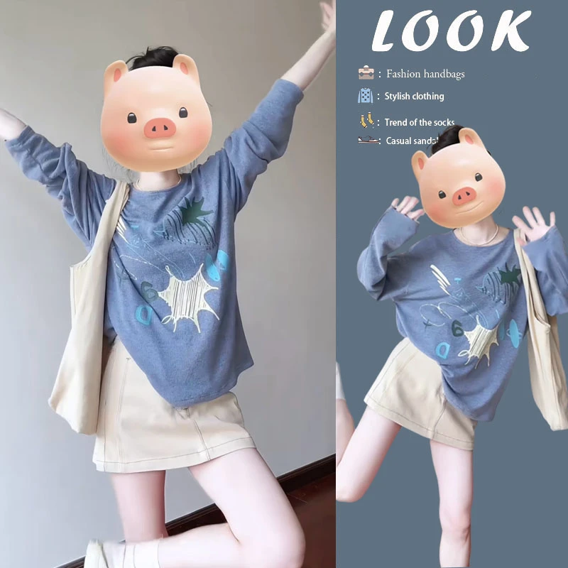 流行穿搭一整套2025新款韩版减龄宽松长袖上衣女百搭短裙两件套装