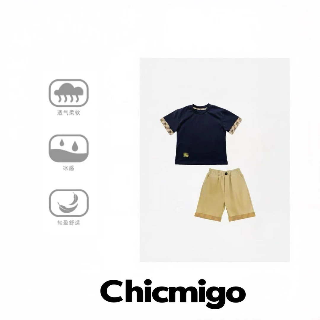 【Chicmigo品牌童装】夏季新款冰感T恤轻奢短袖刺绣格纹透气童装
