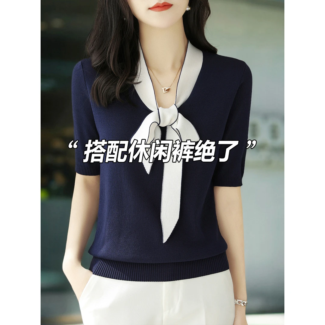 夏季新款系带拼色宽松显瘦气质上衣V领飘带蝴蝶结短袖针织衫女装