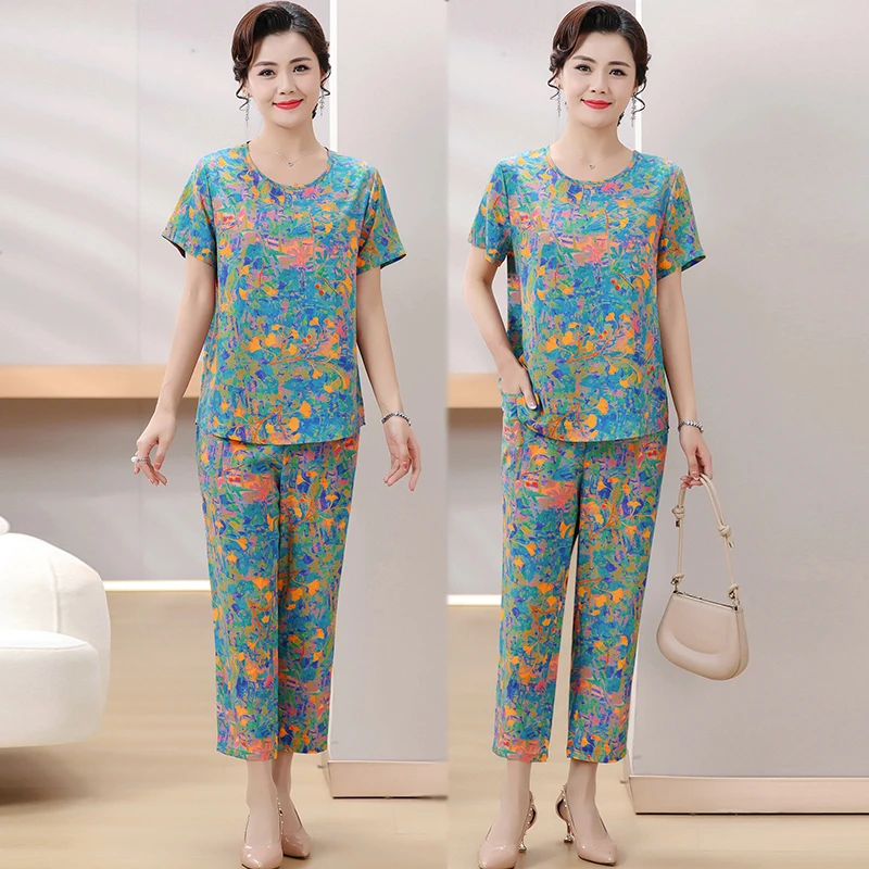 短袖绵绸套装女民族风时尚家居服女士中老年妈妈装短袖薄款夏季