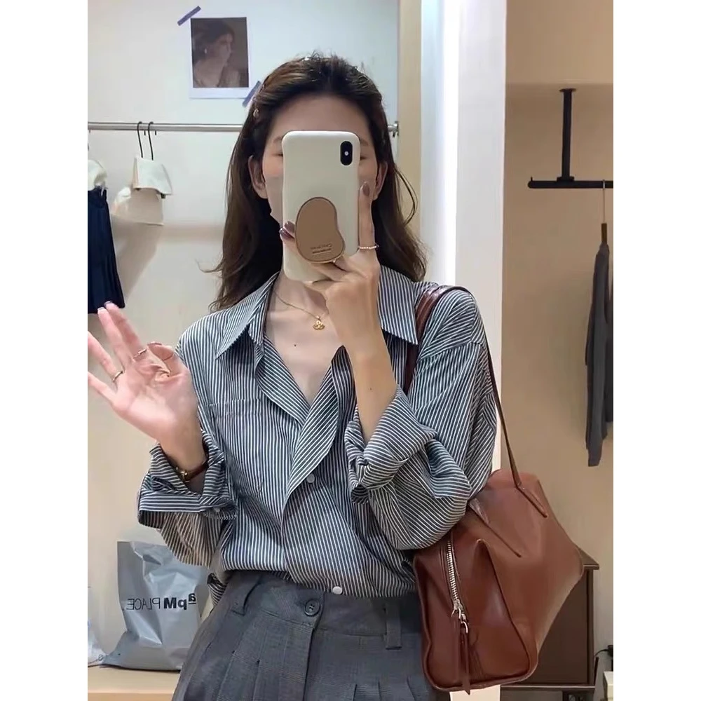 法式撞色条纹polo领翻领衬衫女春秋季外搭高级感小衫独特别致上衣