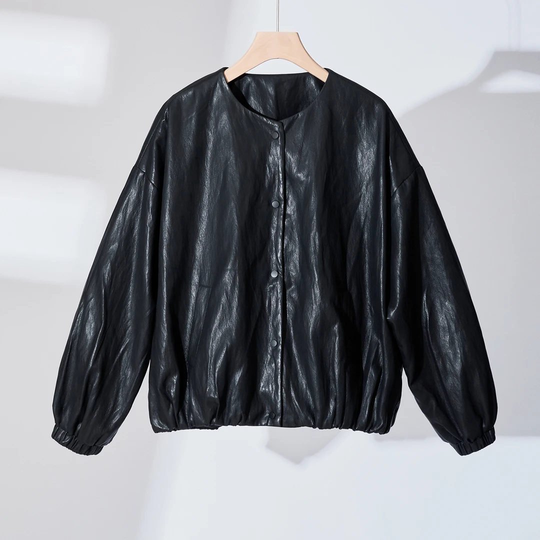 2025秋季新款时尚百搭宽松显瘦圆领单排扣柔软百搭气质皮衣女外套