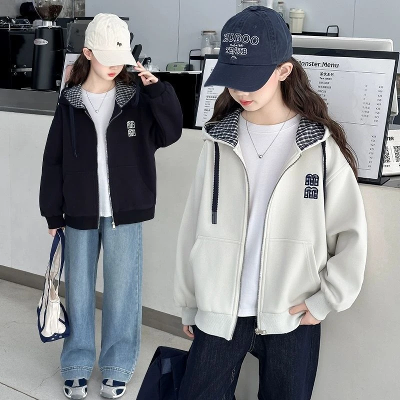 女童外套春秋2025新款洋气休闲中大童秋装连帽拉链卫衣初中生上衣