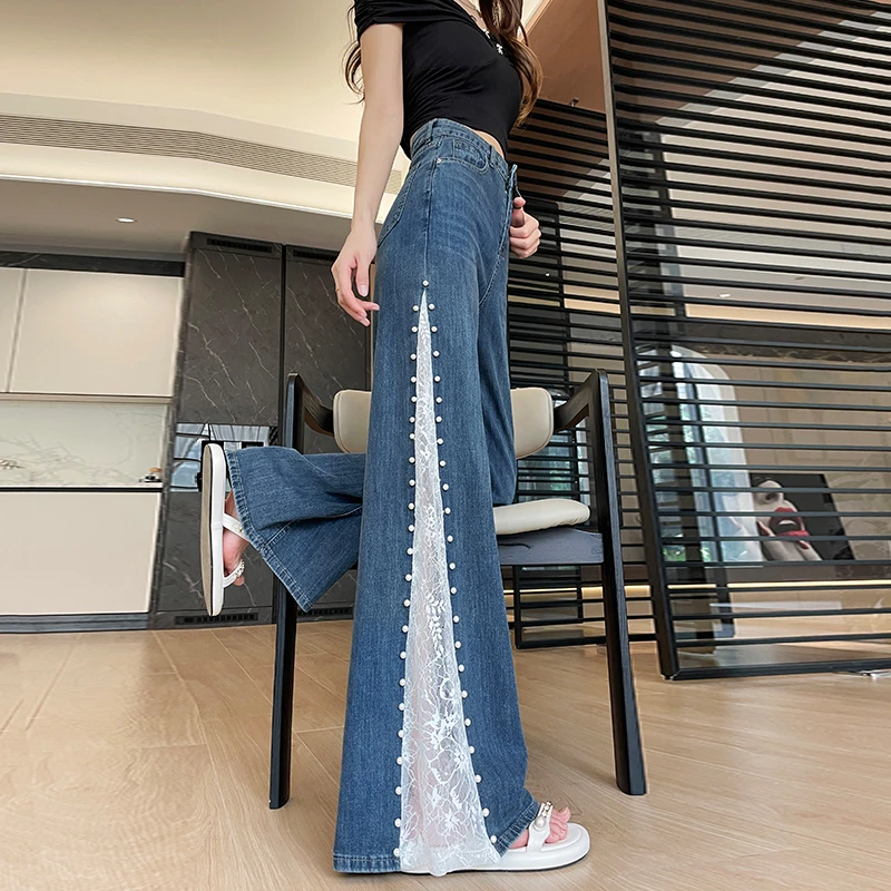 重工钉珠蕾丝拼接牛仔裤女新款高腰显瘦弹力小个子设计感阔腿裤子