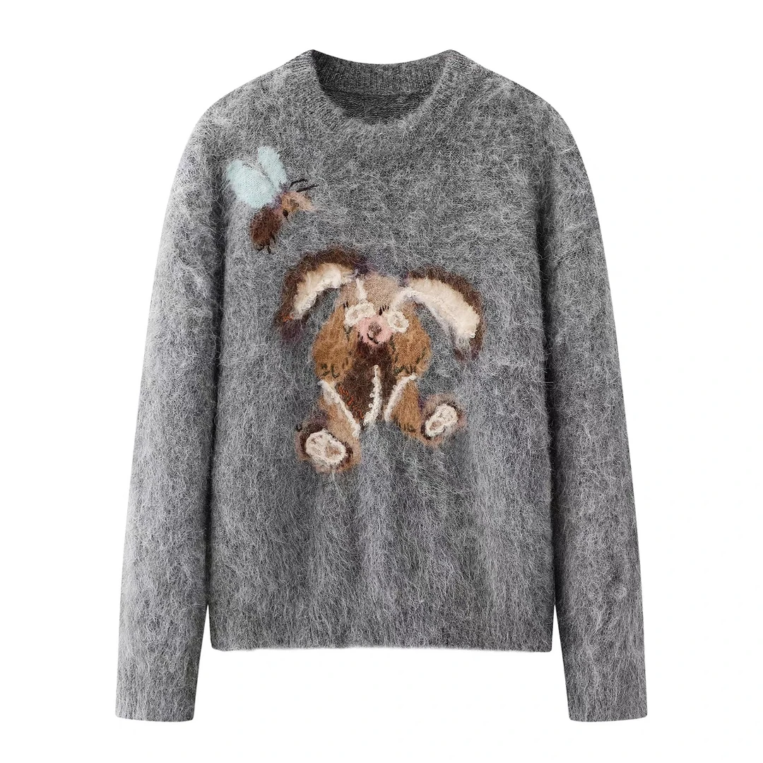 【小兔】秋冬新款百搭宽松趣味卡通兔子刺绣提花显瘦针织衫9453