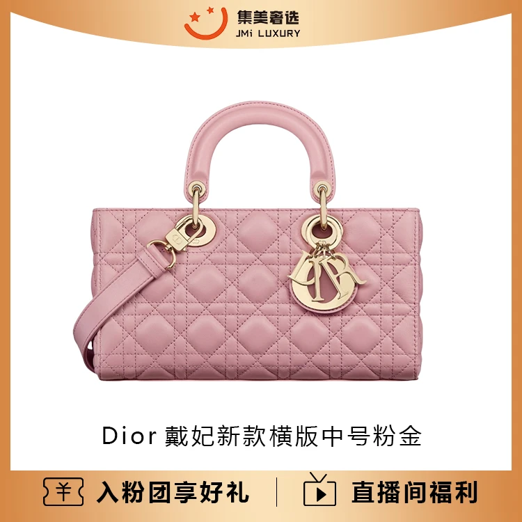 全新未使用 DIOR/迪奥 Dior戴妃新款横版中号粉金时尚包/JM9055