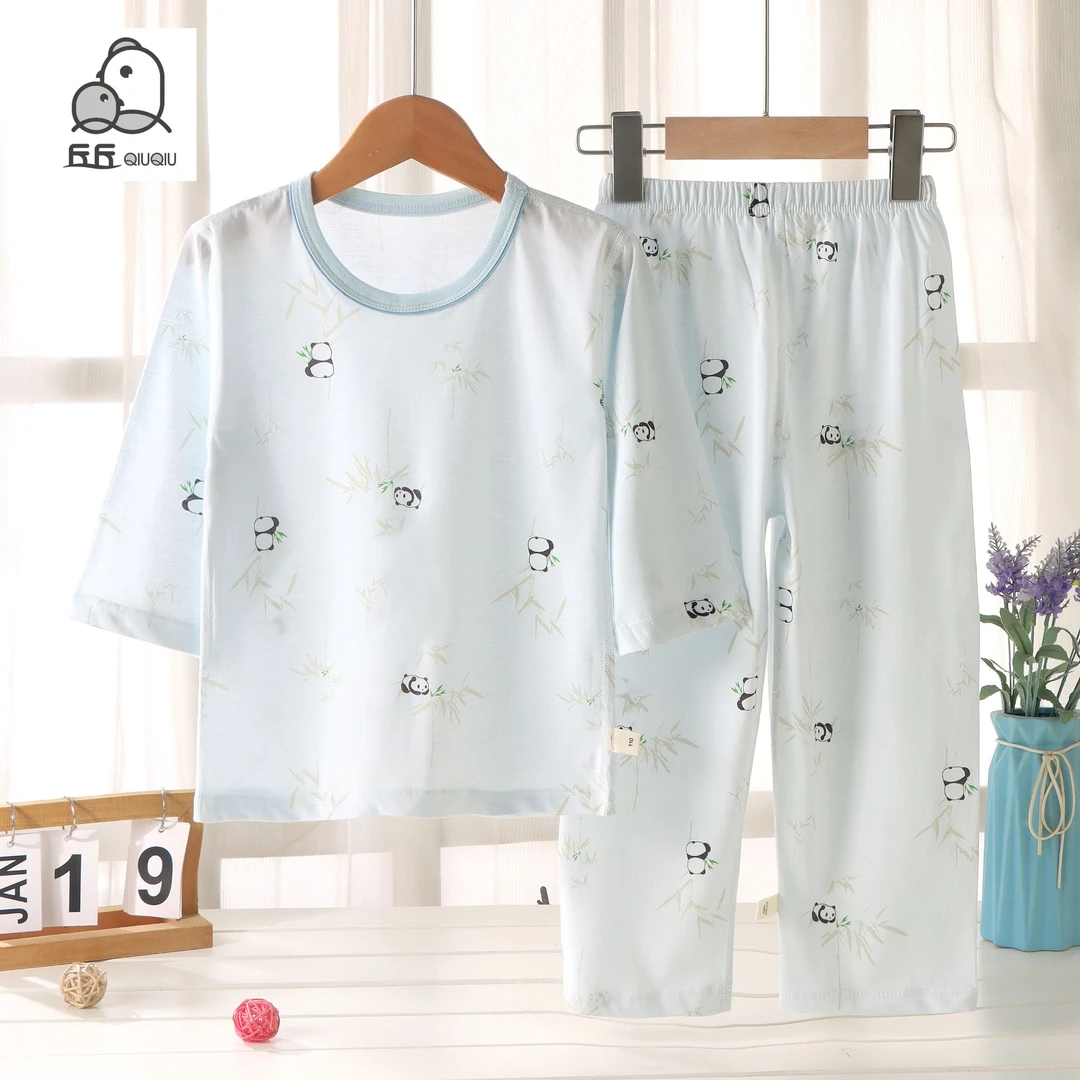 a类夏季冰川棉纯棉睡衣9分袖裤空调服家居薄款长短袖儿童睡衣夏天