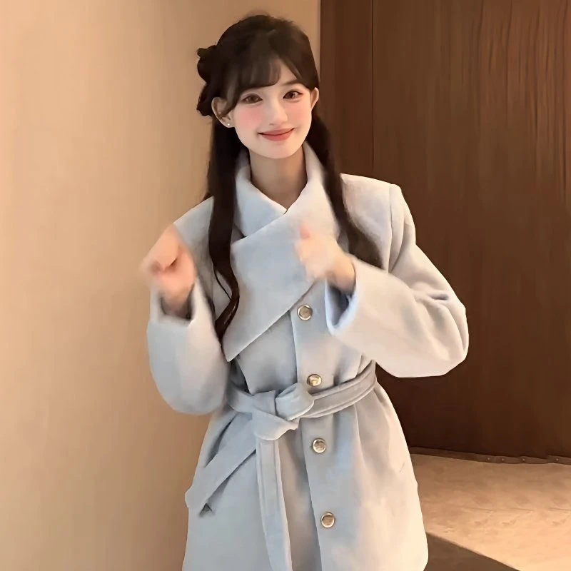 韩系小个子高级感2025毛呢外套女秋冬新款蓝色加厚系带呢子大衣潮