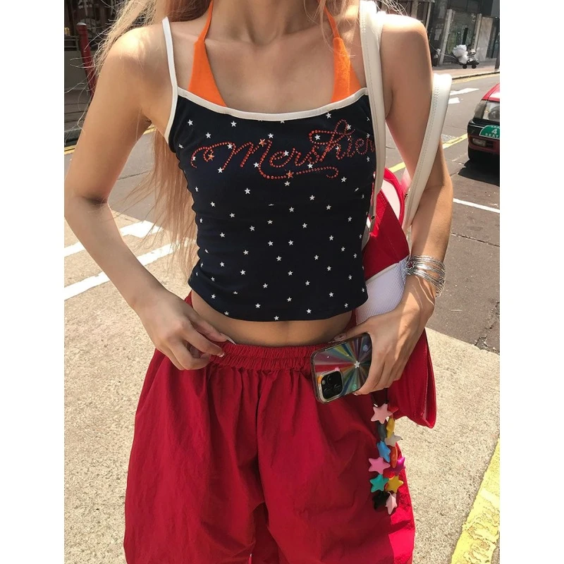 假两件字母烫钻星星满印吊带背心女2025夏季美式辣妹修身短上衣潮