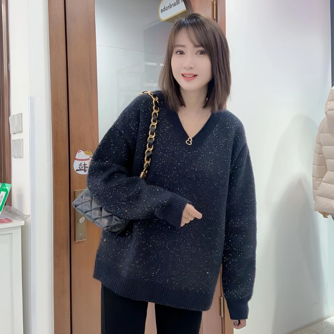 黑灰手工串片羊毛衫#宽松套头加厚