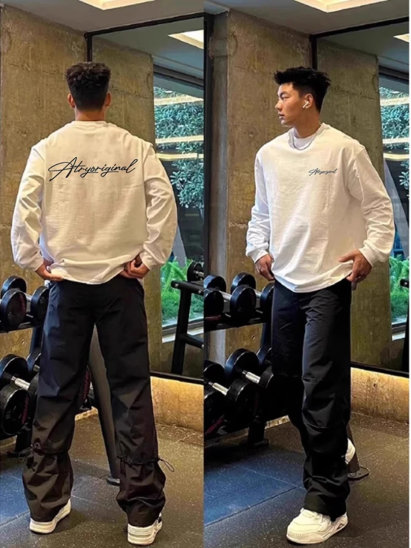 100%纯棉美式男士长袖T恤春秋款男生t恤打底衫圆领男款休闲港风