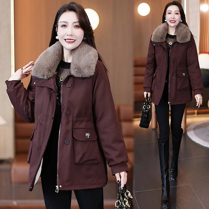 毛领棉服女中长款加绒加厚保暖棉衣外套冬季棉袄女士时尚大码