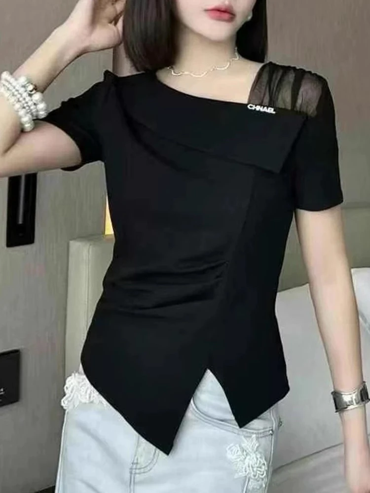 设计感小众拼接斜领短袖T恤女欧货2025夏季新款休闲百搭减龄上衣
