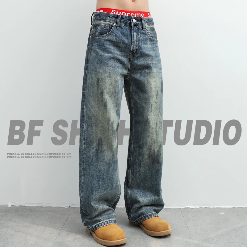 脏脏蓝色牛仔裤男秋季新款美式复古水洗涂鸦2025小众宽松直筒裤子