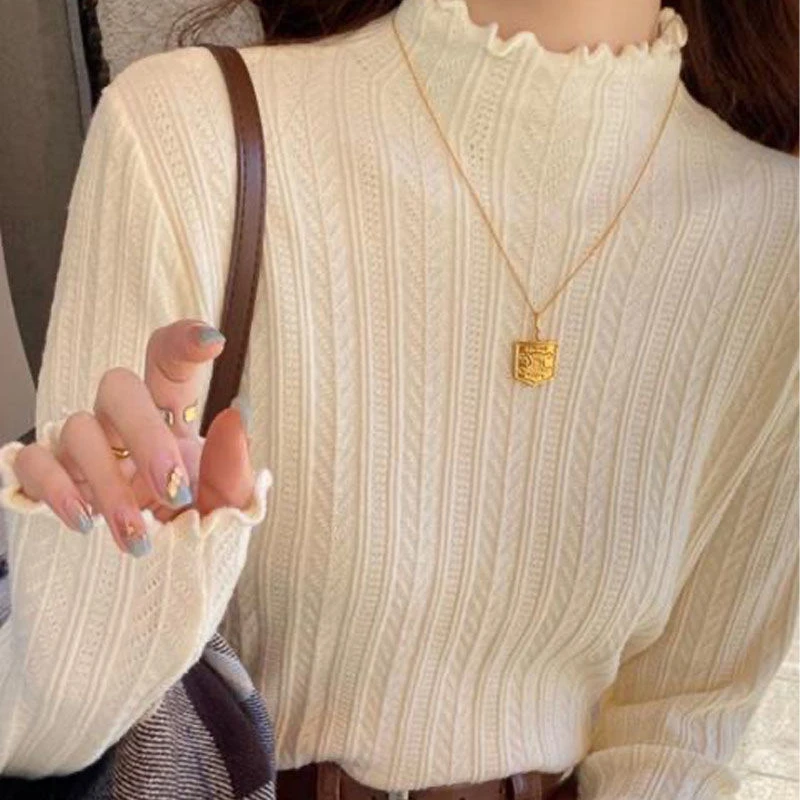 木耳边半高领针织打底衫2025新款女春秋季外穿长袖上衣内搭毛