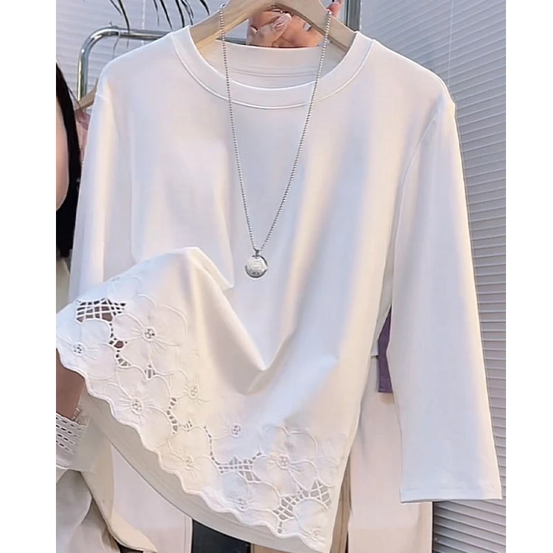 蕾丝刺绣拼接长袖打底T恤上衣女2025春夏新款宽松百搭时尚上衣潮