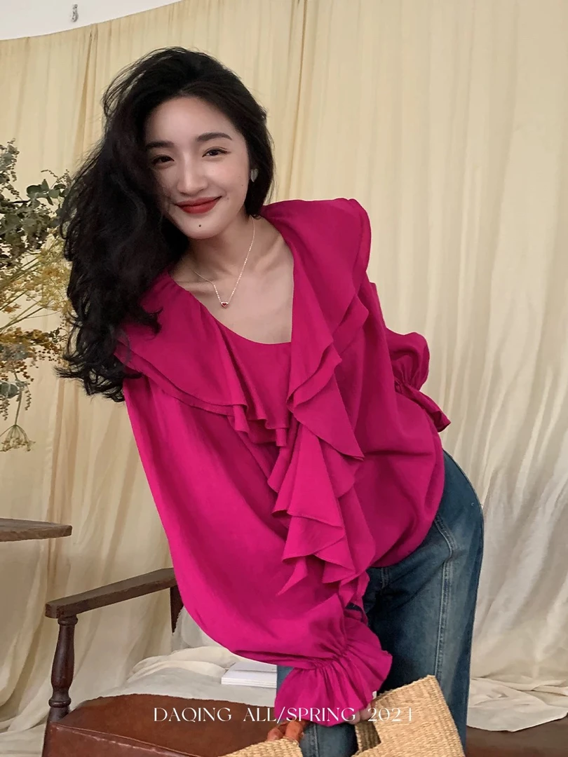 欧货显白复古火龙果色荷叶边衬衫女时髦精2025夏新款V 领长袖上衣