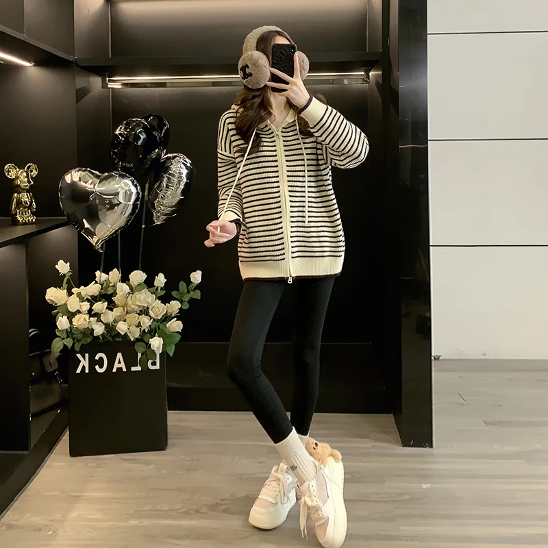 杏色抽绳连帽条纹针织开衫女秋季韩版宽松慵懒凤外穿毛衣上衣外套