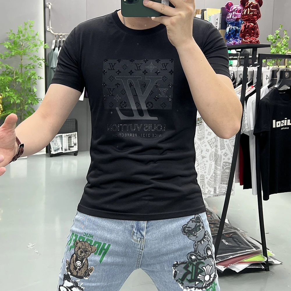 夏季圆领男士丝光棉烫钻显瘦男士潮牌T恤日奢风短袖ins风