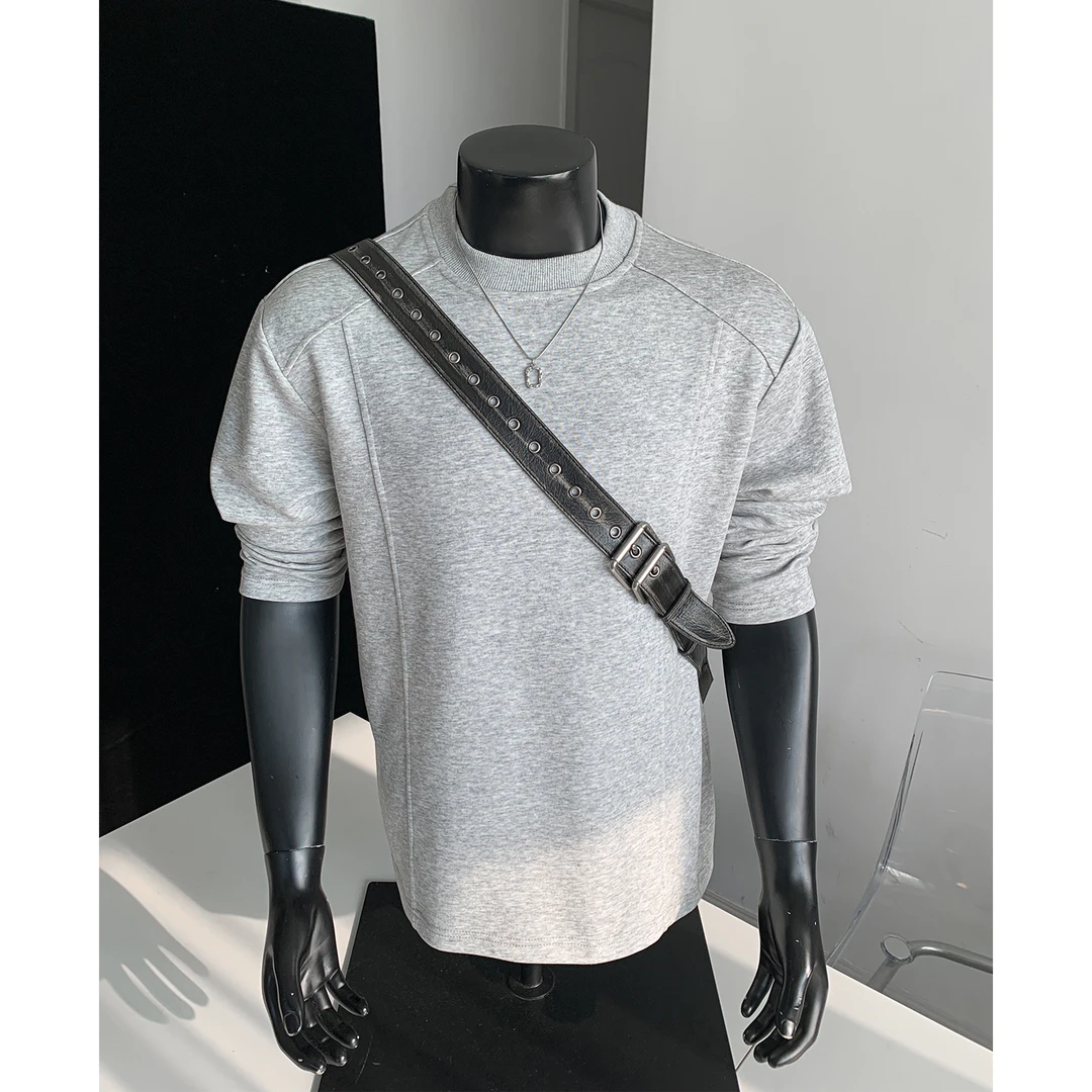 灰色解构拼接卫衣男秋季美式重磅长袖t恤cleanfit小领口硬挺上衣