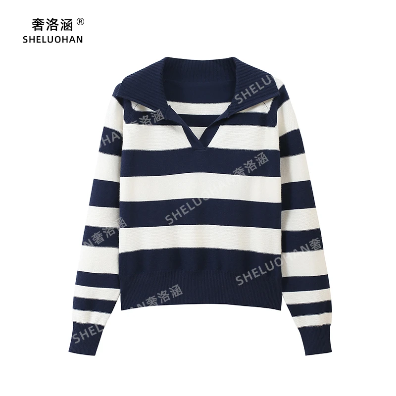 安迪绒POLO领条纹针织衫女秋冬新款宽松简约百搭撞色打底衫毛衣