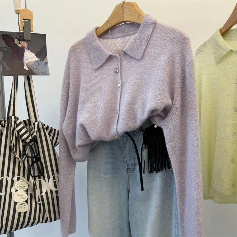 3067【淡紫色翻领开衫】春季新款Polo领纯色毛衣宽松外穿女士上衣