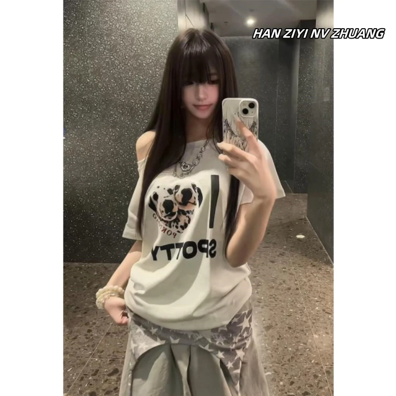 美式复古小众斜领露肩纯棉短袖t恤女夏季新款宽松慵懒休闲上衣服