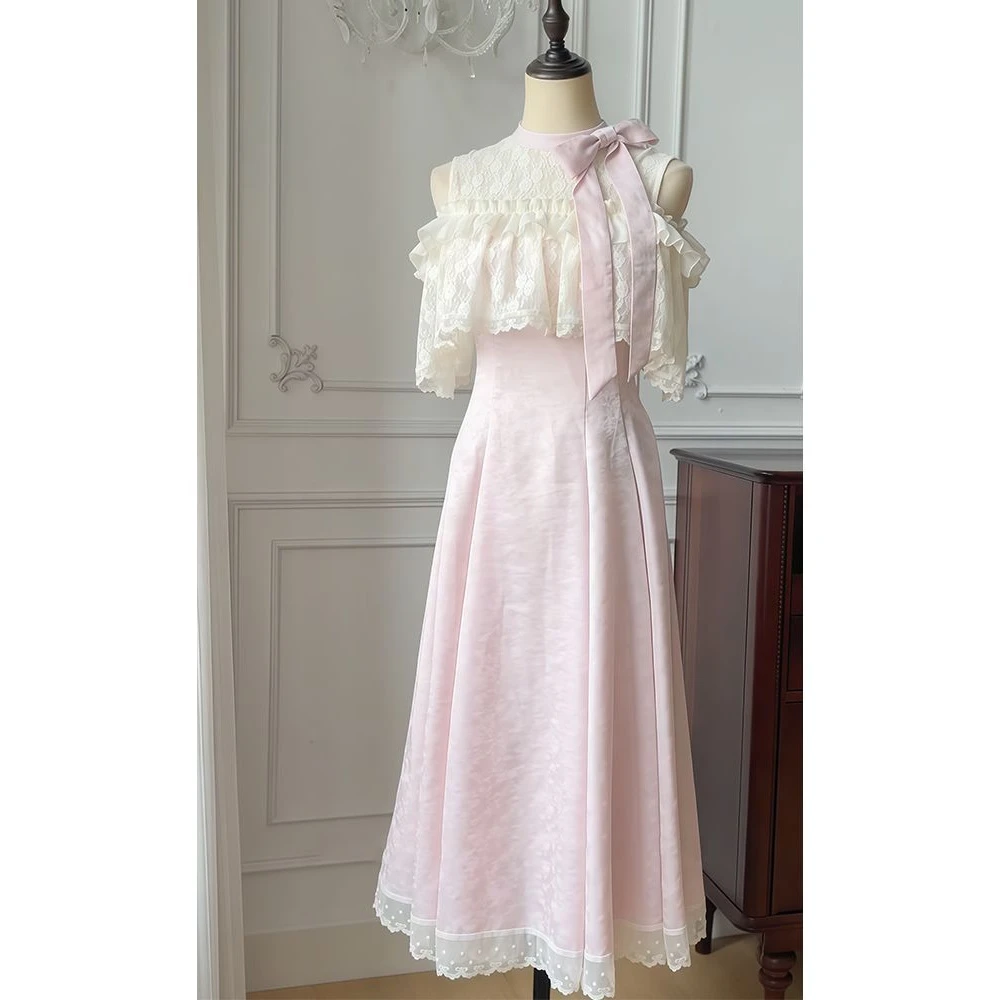 蕾丝甜美设计斗篷连衣裙气质夏季新款蝴蝶结短袖收腰显瘦长裙