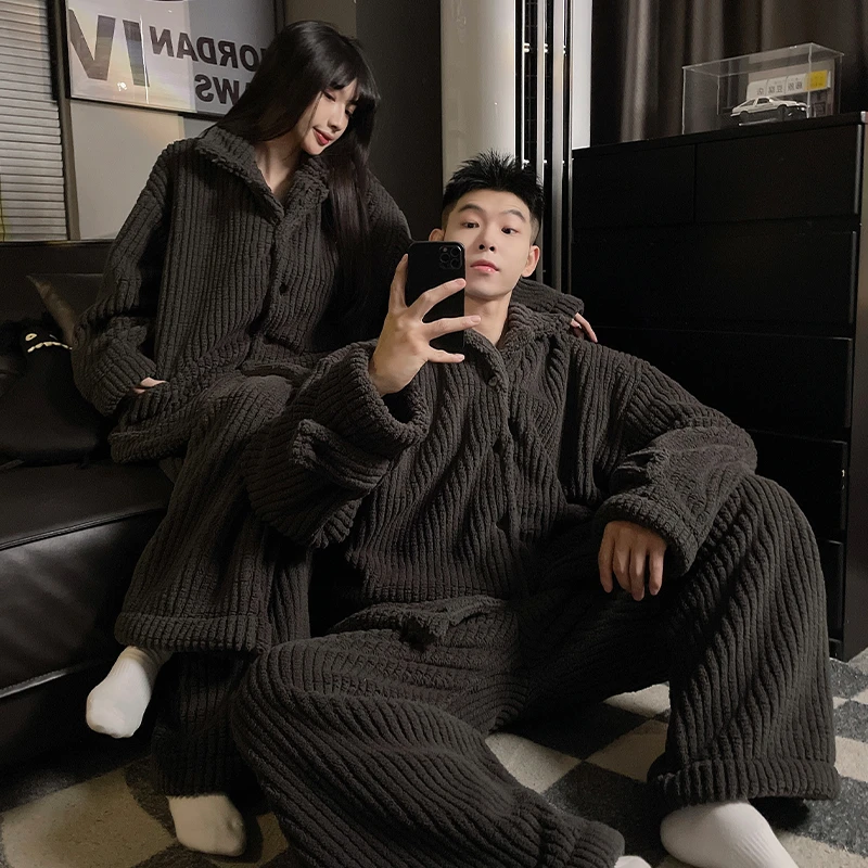 黑色高级感情侣睡衣女士冬季珊瑚绒法兰绒加厚保暖男士家居服套装