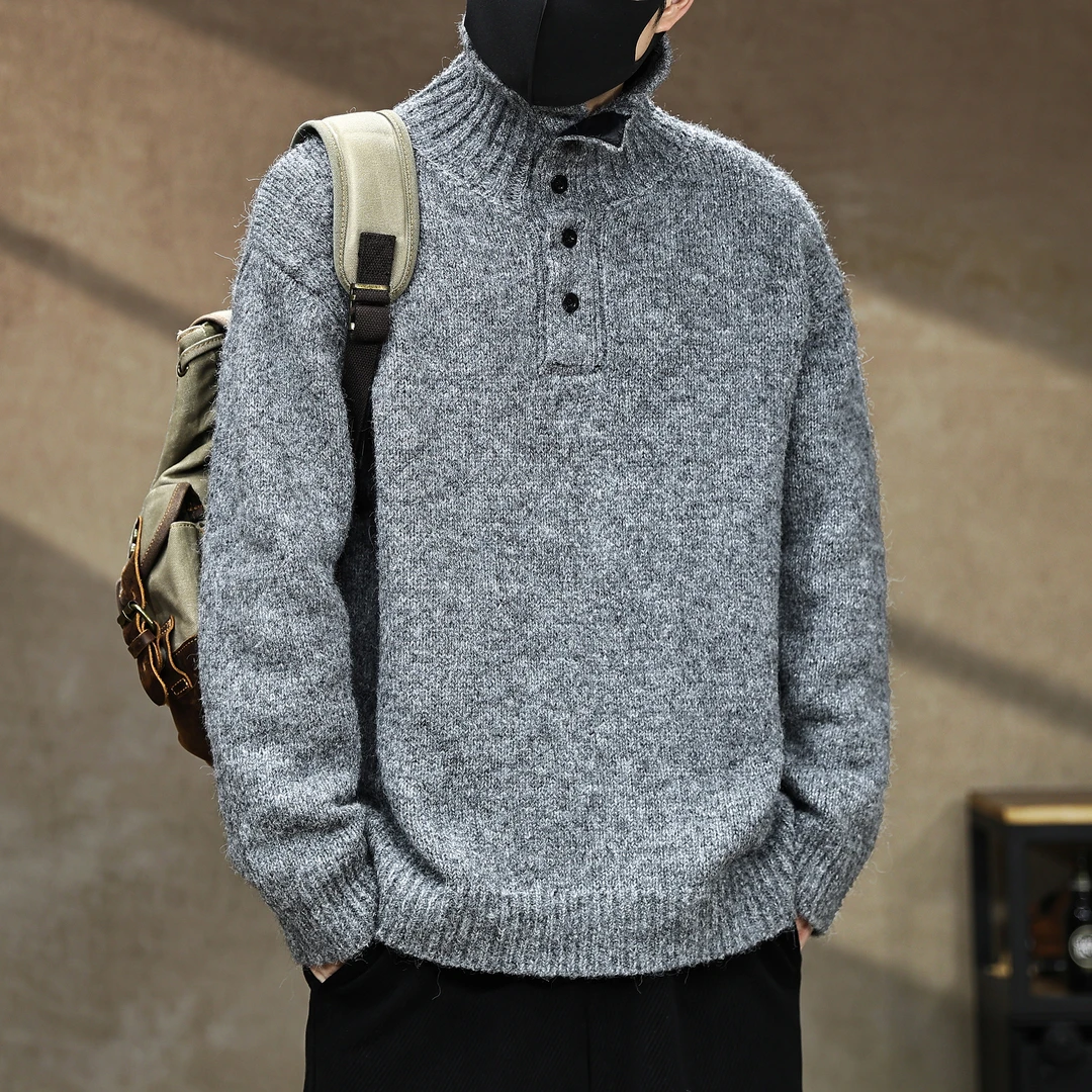 设计感重磅加厚保暖毛衣男秋冬新款美式简约纽扣装饰针织衫外套潮