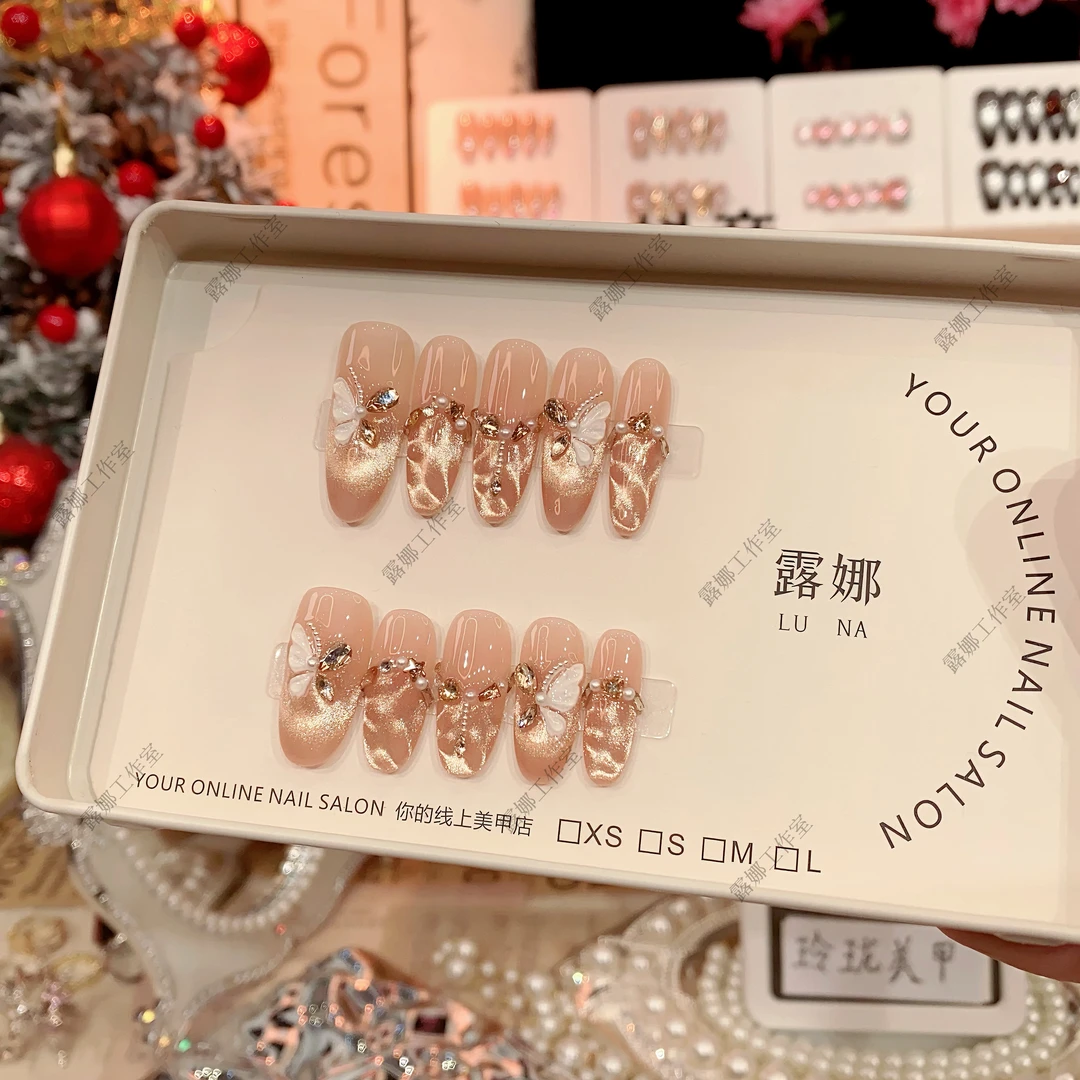 【灵蝶舞会】纯手工穿戴甲波光猫眼美甲贴片可拆卸指甲贴片