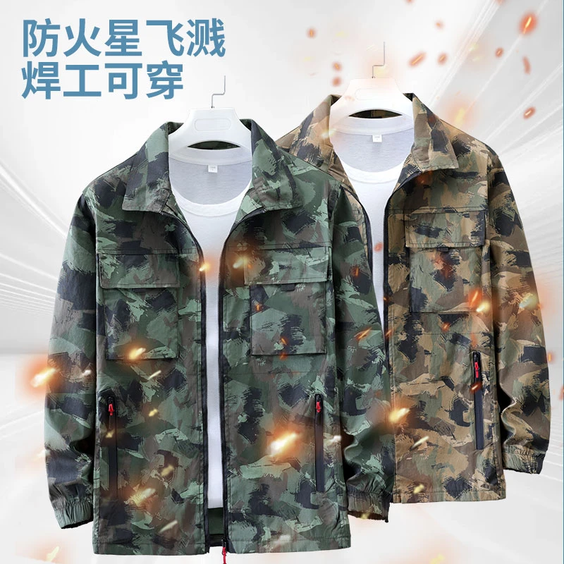 夏季迷彩大口袋防烫工作服套装男士弹力束脚裤松紧腰潮流套装户外