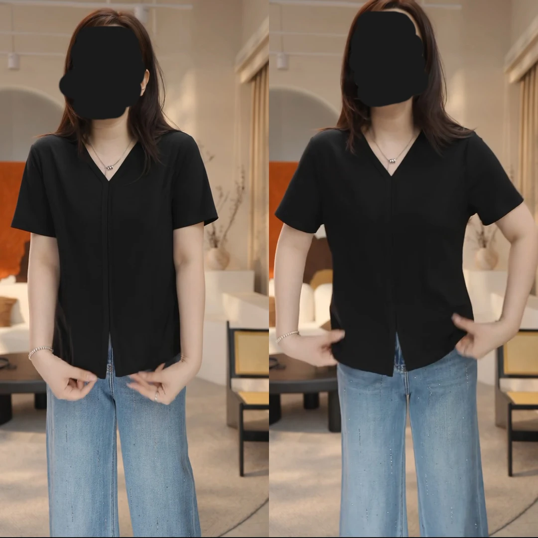 拼接韩版简约大气时尚减龄显瘦休闲t恤女2025夏季V领短袖短款上衣