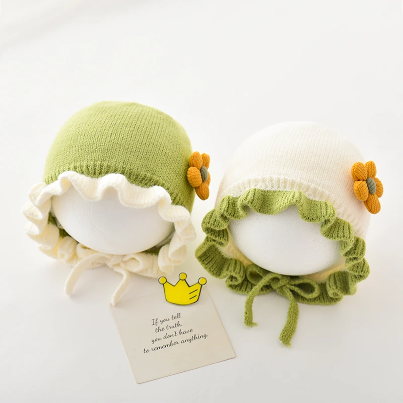 婴儿帽子秋冬款系绳护耳帽宝宝可爱超萌公主帽冬季保暖针织毛线帽