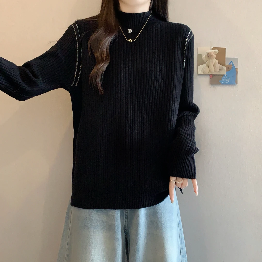 大码女装遮肚子加厚半高领内搭毛衣女秋冬胖mm显瘦洋气长袖针织衫