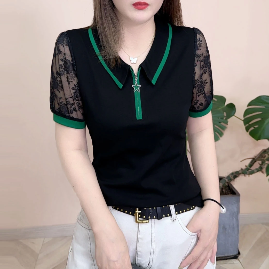 2025夏季新品时尚百搭修身显瘦减龄设计感POLO领女士短袖上衣7954