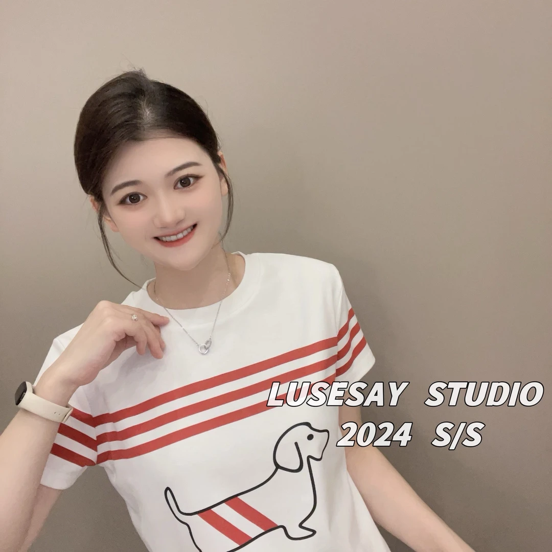 LUSESAY 设计感条纹腊肠狗~ 夏季2025新款 短袖t恤女百搭休闲上衣