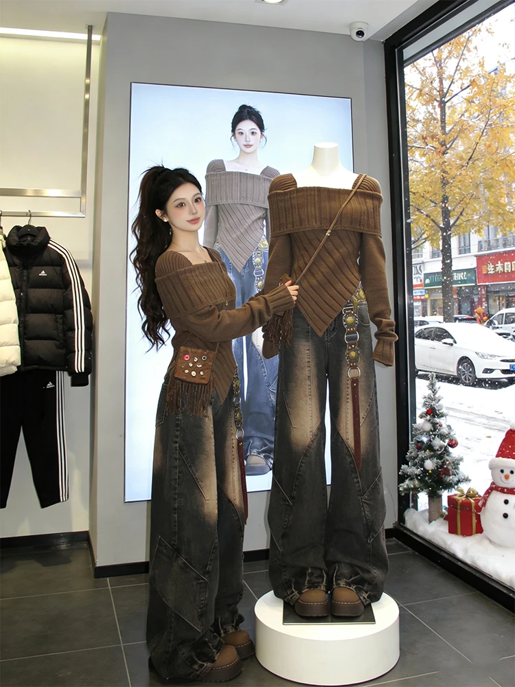 咖色高级流行针织衫感女装爆款方领复古风牛仔新款今年冬季套装