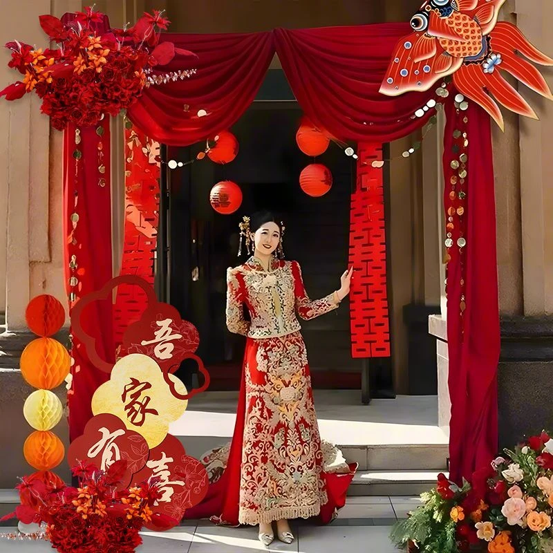 2025农村结婚庭院子婚礼布置自建房大门口婚房布幔布置装饰套装