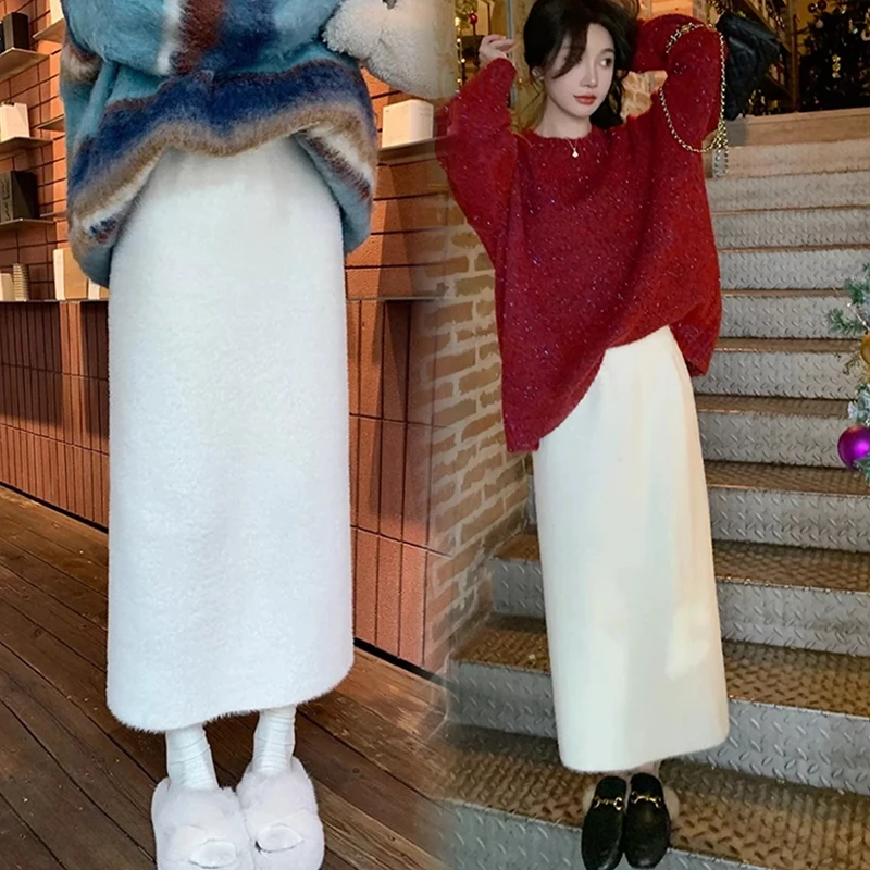 【秋冬穿搭】孕妇半身裙加绒加厚软糯水貂绒直筒裙垂感开叉包臀裙子