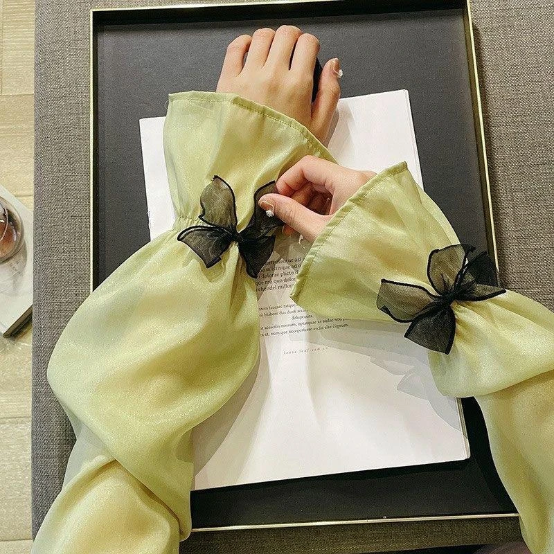 冰丝防晒袖套女蝴蝶结冰袖夏防紫外线高颜值宽松薄款透气泡泡手袖