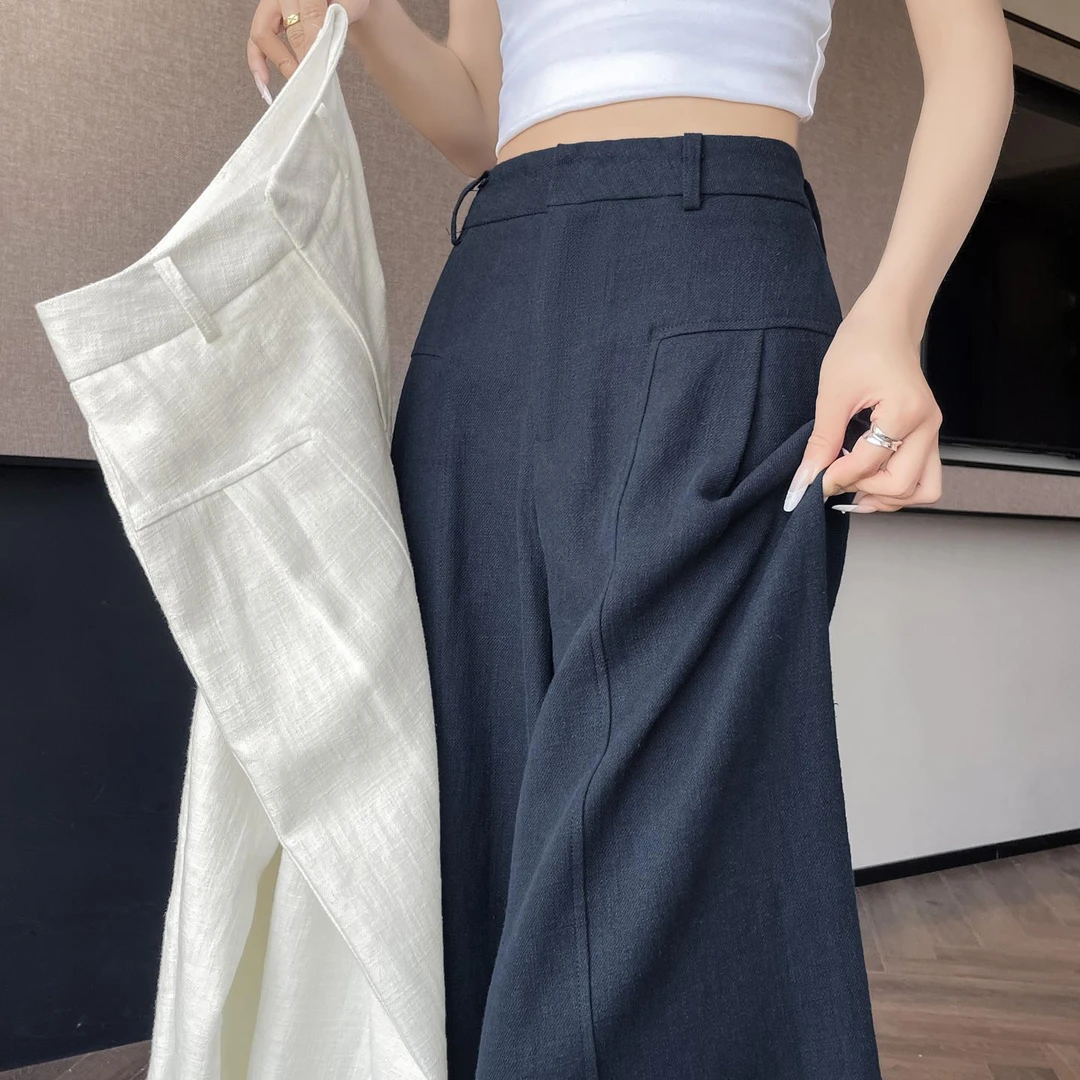 藏青色洋气潮麻裤子女款夏薄款抗皱亚麻阔腿裤高腰直筒休闲山本裤