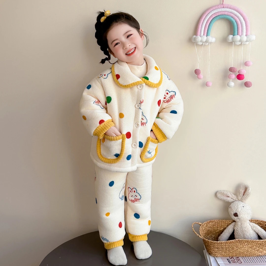 女童加厚睡衣冬季2025新款女宝宝卡通保暖轻便舒适家翻领居服套装