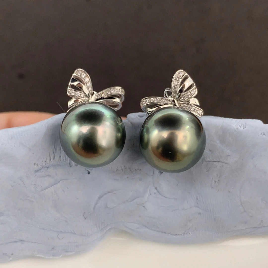 定制海水珍珠18K金镶嵌耳饰大溪地孔雀绿色11-11.2mm