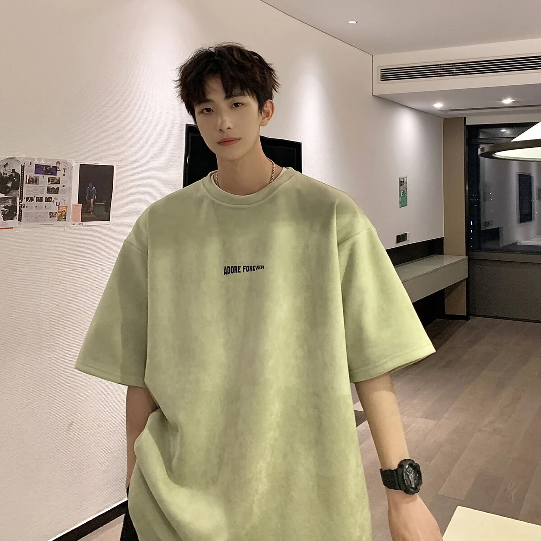 港风仿麂皮绒重磅短袖T恤男夏季休闲圆领美式宽松五分袖男女同款