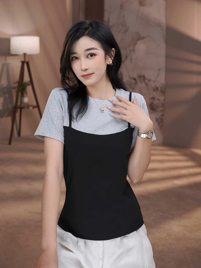 2025新款短袖 净色拼接假两件短袖T恤女修身显瘦上衣6004
