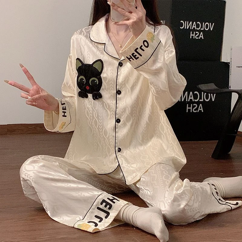 睡衣女春秋季冰丝凉感长袖长裤夏天新款可爱卡通秋冬款家居服套装